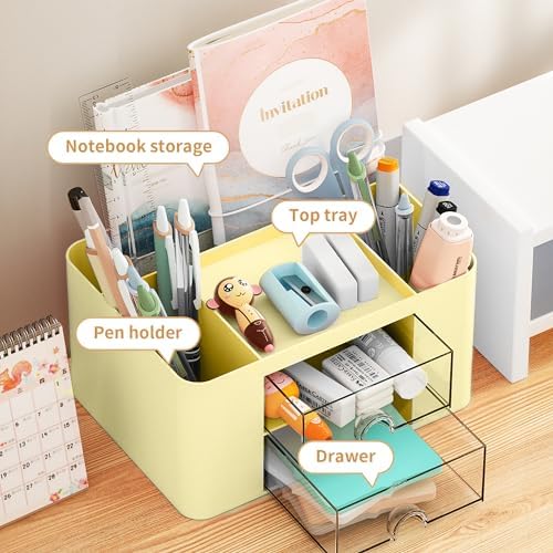Marbrasse Pen Organizer with 2 Drawer, Multi-Functional Pencil Holder for Desk, Desk Organizers and Accessories with 5 Compartments + Drawer for Office Art Supplies (Yellow) - Image 3