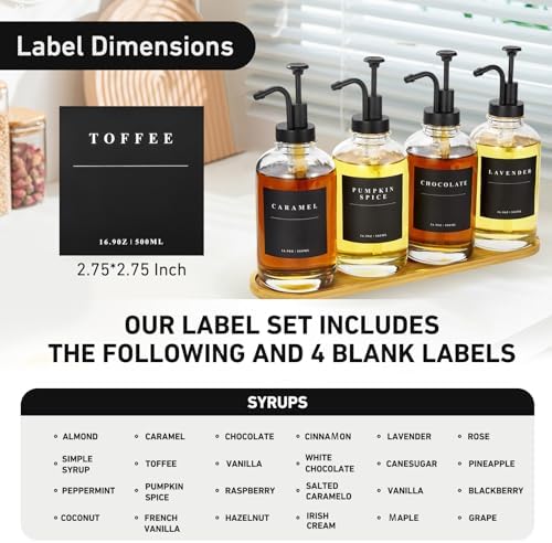 Coffee Syrup Dispenser for Coffee Bar, Coffee Syrup Pump Dispenser, Glass Syrup Bottle with Black Upgraded Pump, 4 Pack 16.9 oz 500 ml Syrup Dispensers, 28 Labels and Large Bamboo Tray - Image 6
