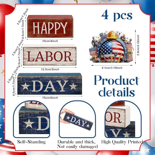 Moucuny 4 Pcs Labor Day Red White Blue Wooden Block Signs Table Decor - Image 2