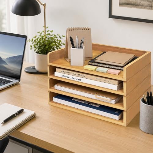 PROLEE 4 Pack Stackable Paper Tray, Wooden Paper Tray Organizer with Letter Tray, Paper Holder for Desk, Desktop File Storage Rack for Study, Home and Office (Oak) - Image 6