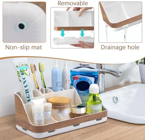 GFWARE Bathroom Countertop Organizer - Detachable 7 Slots Kids Electric Toothbrush and Toothpaste Holde Drainage for Bathroom Accessories Organization Counter Vanity Storage, Woodgrain - Image 4