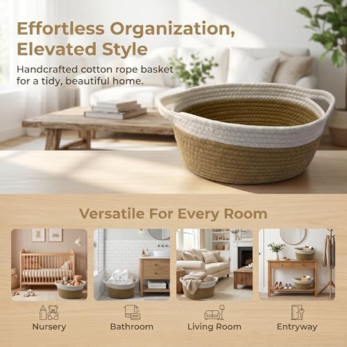 Small Cotton Rope Basket - White Woven Storage Basket with Handles, Desktop Organizer for Keys, Remotes, Makeup, Soft Decorative Bin for Bathroom, Office Shelf (White/Khaki) - Image 5