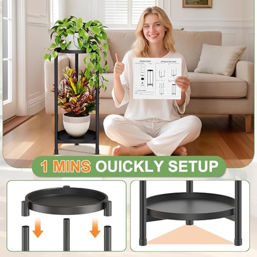 2 Tier Black Plant Stand Indoor Outdoor,30 Inch Tall Metal Flower - Image 2