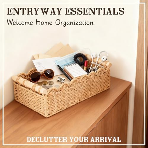 Upgraded Paper Rope Scalloped Edge Toilet Paper Storage Basket, Small Living Room, Bedroom Decor Baskets for Over Toilet Storage Shelf, End Table, Shelves and More, with 2 Wooden Handle (Neutral) - Image 4