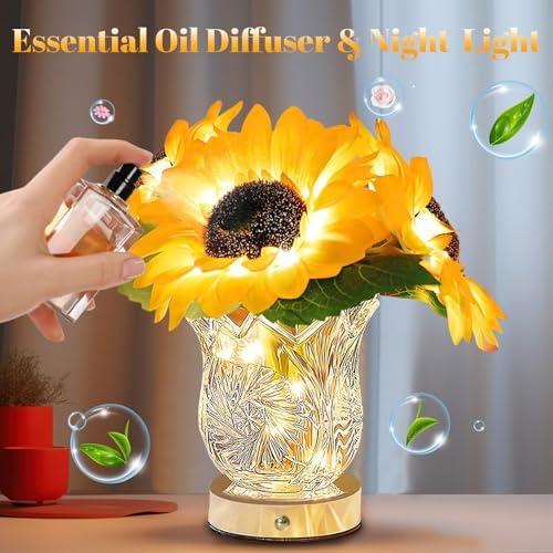 Flower Desk Lamp, Sunflower USB Rechargeable Touch Stepless Dimming Table Lamp, LED Artificial Plants Flower with Vase Night Light, Glass Vase Lamp for Room Home Festival Decor (Sunflower - 3 Head) - Image 6