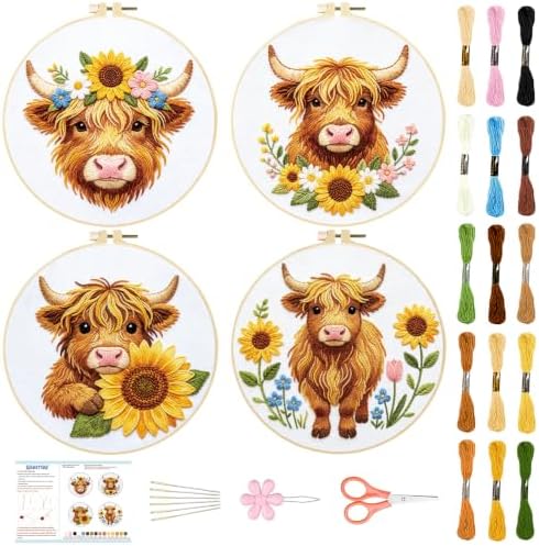 BEUNITONE 4pcs Embroidery Kit, Highland Cow & Sunflowers Stamped Embroidery Kits with Hoop, Thread & Needles, Colorful Cross Stitch Kits Sewing Gifts for Adults and Beginners, DIY Craft for Relaxation by BEUNITONE