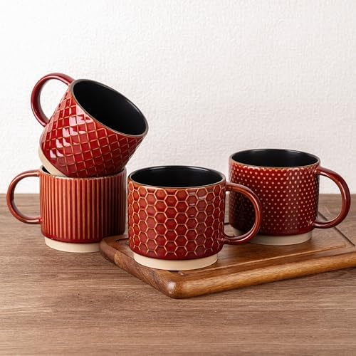 GBhome 15 OZ Stackable Coffee Mugs Set of 4, Ceramic Coffee Cups Set by GBhome
