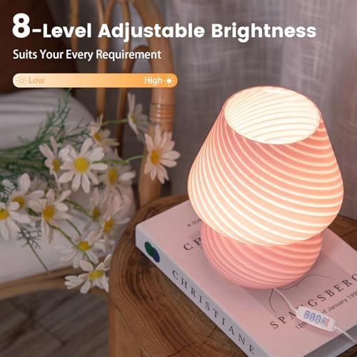 ULAROOM Dorm USB Plug-in Mushroom Lamp Small Bedside Table Lamp with 3 Temperature LED Bulb, Free Dimming Nights Light for Bedroom/Living Room/Entryway/Corner/Table Decor (Stripe Pink) - Image 2
