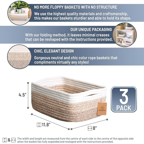 NaturalCozy 11.8"x8"x4.5” Storage Baskets for Shelves 3 Pack | Cotton Rope Woven Small Baskets for Organizing | Small Storage Bins for Nursery, Bathroom, Closet, Cube Shelf, Decorative, Gift Basket - Image 2