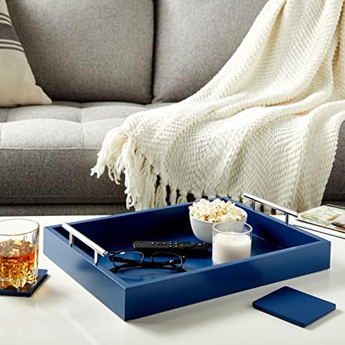 Juvale Coffee Table Tray - 15.7 x 11.8 x 3 in, Blue, Rustic Wood - Serving Tray with Interchangeable Gold & Silver Handles for Coffee Table Decor & Ottoman Use with 2 Coasters - Image 2