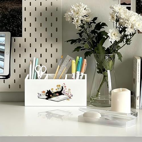 Black Cat Pen Holder, Book Lovers Reader Gifts Pencil Holder for Desk, Black Cat Lovers Gifts for Women, Floral Book Wooden Box Sign Decorations for Reading Room Corner Nook Desk Tabletop - Image 2