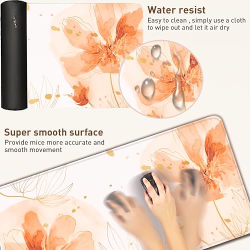 Desk Mat, Aesthetic Floral XXL Mouse Pad, 35.4 x 15.7 Inch, Orange - Image 4