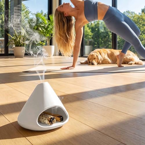 Ceramic Palo Santo Holder Incense Burner with Chimney, White - Image 4