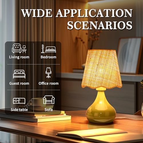 Ziqqeelam Green Cute Small Boho Table Lamp for Bedroom Bedside, Green Lamps for Nightstand, Scalloped Rattan Shade Table Lamps for Small Spaces for Bedroom, Home Office, Living Room, Kids Dorm - Image 3