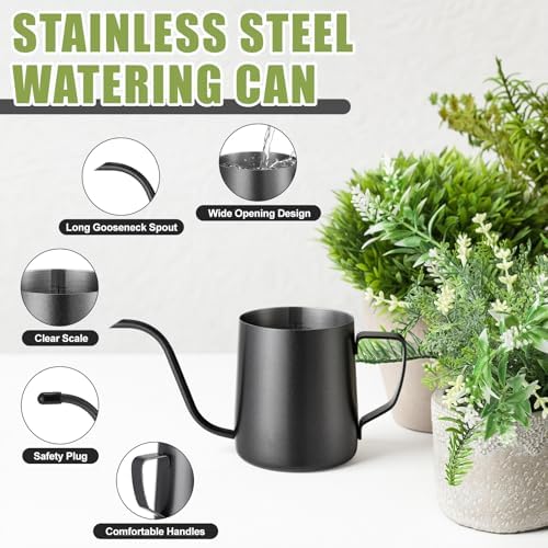 2 Pcs Small Watering Can for Indoor Plants, 12 Oz/350 ml Mini Plant Watering Pot with Long Spout and Scale 304 Stainless Steel Tiny Watering-can for Outdoor Indoor Plants Garden(Black) - Image 3