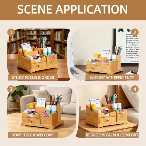 Bamboo Desk Organizer with Drawer & Pen Holder, Office Desk Caddy Storage - Image 4