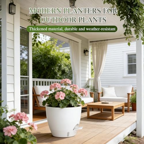 Self Watering Pots with Drainage Holes, 2 Pack 10 Inch Plant Pots with Water Level Indicator Deep Reservoir, Large Plastic Planter for Indoor Outdoor Plants - White - Image 6