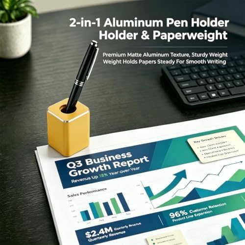 Pen Stand for Desk, 2-in-1 Single Pen Holder&Paperweight,Bright Gold - Image 2