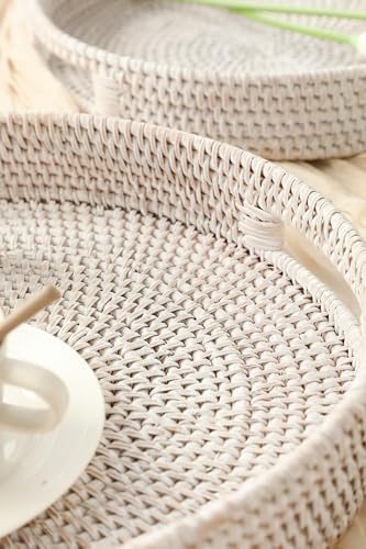 HITOMEN Hand-Woven Round Rattan Serving Tray Decorative Ottoman Wicker Platter with Handles for Coffee Table, Breakfast, Drinks, Snack, Bread, Fruit, Vegetables (Whitewash Set of 2: M+L) - Image 3