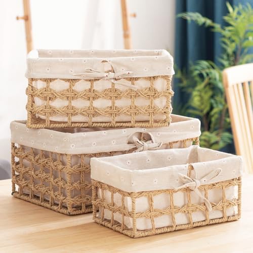 GIB Small Wicker Woven Storage Baskets for Organizng with Liners, Set of 3 by GIBCleaningtool