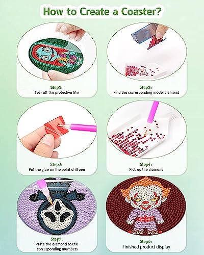 8Pcs Diamond Painting Coasters with Holder,DIY Halloween Life Coaster Diamond Art Kits for Adults Kids,Beginners Round Full Drill Diamond Art Craft Supplies - Image 5