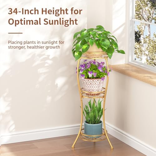 LASZOLA 3 Tiers Metal Corner Plant Flower Stand Tall Indoor Outdoor, Gold - Image 2
