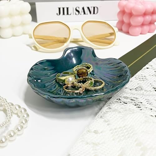 Seashell Trinket Tray, Ceramic Ring Holder Dish for Earrings Necklace, Shell Jewelry Dish Tray, Ocean Room Decor, Birthday Mother's Day Christmas Gift for Women, 3.9", Deep Teal Iridescent Surface - Image 7