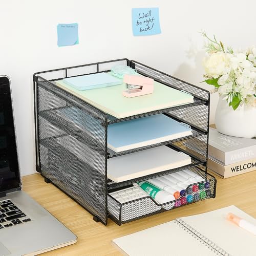 OPNICE Desk Organizer, 4-Tier Desktop File Organizer with Drawer, Office Desk Accessories, File Sorters, Workspace Organizers for Office Supplies(Black Upgraded) - Image 3