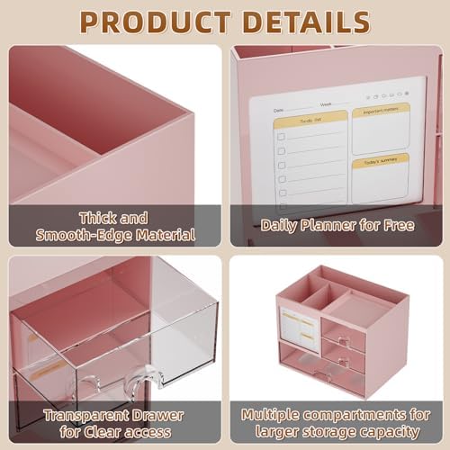 Marbrasse Desk Organizer with 3 Drawer, Multi-Functional Pencil Pen Holder for Desk, Desk Organizers and Accessories with 4 Compartments, Desktop Organizer Storage for Office Home Art Supplies (Pink) - Image 6
