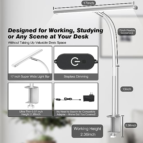 Airlonv LED Desk Lamp with Clamp, 17" Stepless Dimming Light, White - Image 3