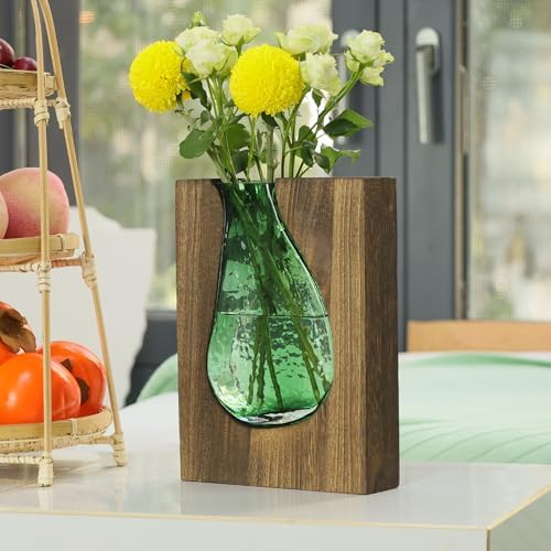Wood and Glass Inlay Vases Farmhouse Wooden Glass Flower Vase Solid Wood Glass Vase Home Decor Vases for Centerpiece (9.29 Inches) - Image 2
