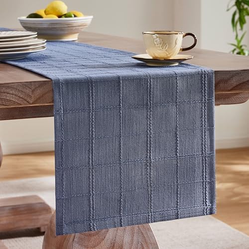 ZeeMart Linen Checked Farmhouse Table Runner, 13x36 Inches Blue - Image 4