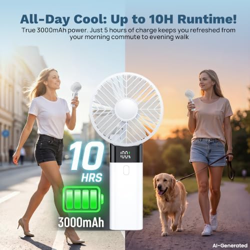 AJVV Handheld Fan Rechargeable, Portable Mini Fan, Up to 10H Runtime, 180° Foldable Personal Fan, USB Travel Fan with 3000mAh Battery for Pocket, Office, Bedroom, Camping - Image 3