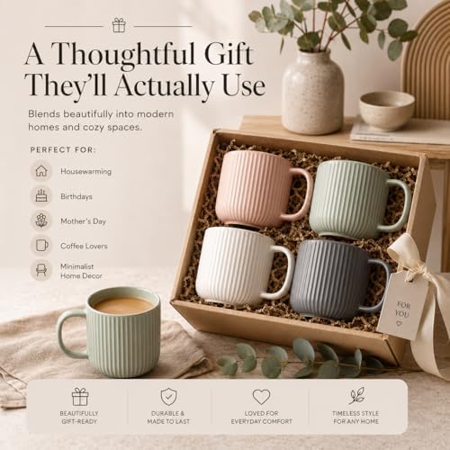 Ribbed Ceramic Coffee Mug Set of 4 – 9oz Minimalist Mugs for Coffee, Tea & Matcha | Microwave & Dishwasher Safe | Blush Pink, Sage Green, White, Charcoal Gray - Image 7