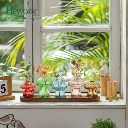 Hewory Plant Propagation Station: 5PCS Colored Mushroom Vase with Wood Tray - Image 2