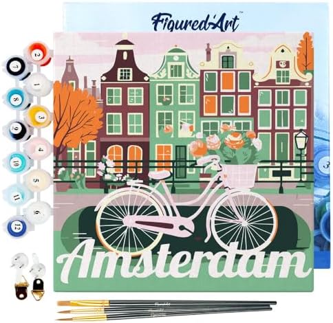 Figured'Art Mini Paint by Numbers Kit for Adults with Frame Travel Poster Amsterdam Small Format 8"x8" - Craft Art Painting DIY Canvas Already Stretched on a Wooden Frame by FiguredArt