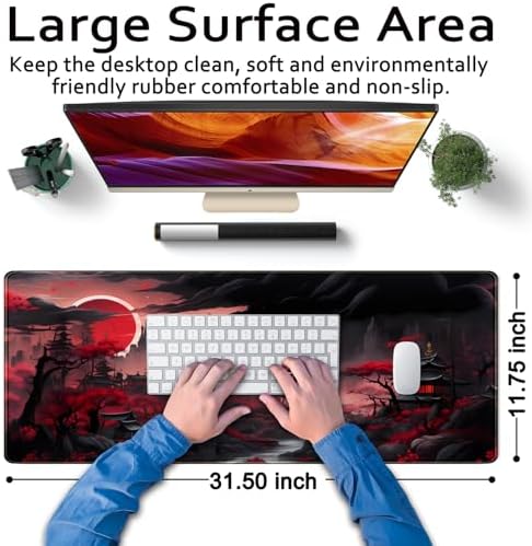 Riverside Full Moon Desk Pad Black Red Desk Mat Japanese Anime Extended XXL Keyboard Pad for Desk Gaming Computer Laptop Office Mouse Pad with Stitched Edges Non-Slip Large Computer Mat 31.5x11.8 in - Image 6