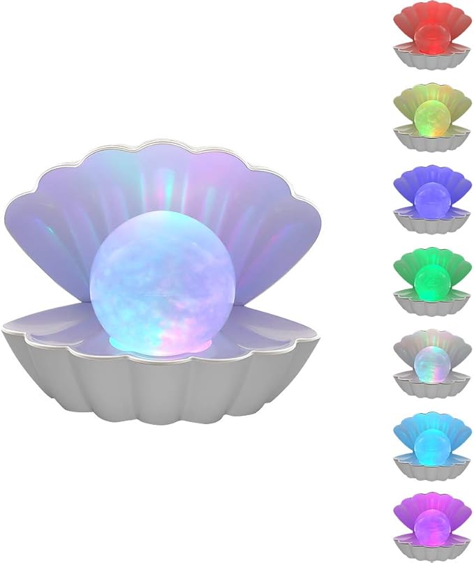 Shell Pearl Beach Themed Night Light, RGB 8 Colors Changing Mood Shell Pearl Lamps, Bedside LED Clamshell Portable Night Lights for Bar (White)