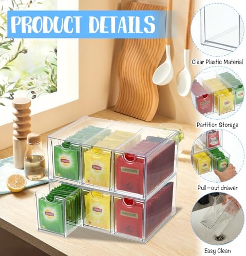 6 Drawers Tea Bag Organizer, Clear Acrylic Tea Bag Storage Organizer, Stackable Tea Packet Drawers Holder for Cabinet, Pantry, Kitchen, Countertop - Image 4