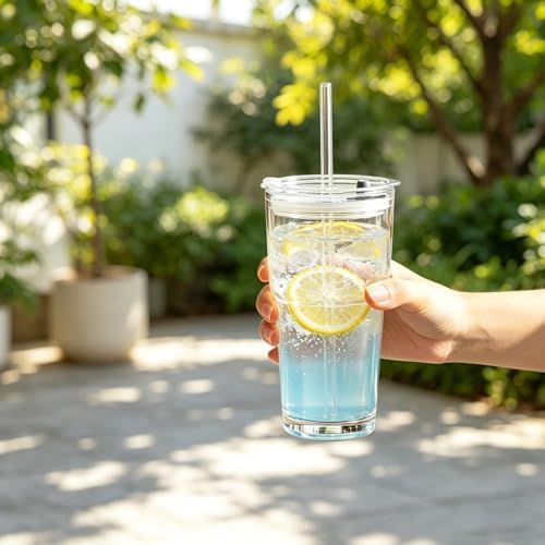 Glass Cups with Lids and Straws, 20oz Glass Tumbler for Iced Coffee, Clear Drinking Glass with Reusable Glass Straw, Leak-Resistant Lid, Fit for Cup Holder, Dishwasher Safe (clear-4pack) - Image 4