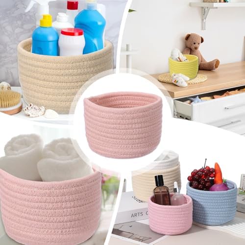 uxcell Pink Small Cotton Rope Woven Storage Basket, Shelf Closet Storage Gift Woven Baskets Cute Nursery Box Bin Decor Organization Bin for Home Supply, Round, 5.6x3.6 - Image 6