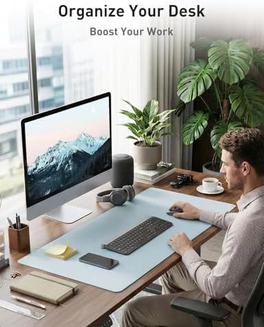 Aothia Faux Leather Desk Mat - Non-Slip PU Leather Desk Blotter, Waterproof Writing Surface, Large Desk Pad for Office & Home (Baby Blue, 55" x 17") - Image 3