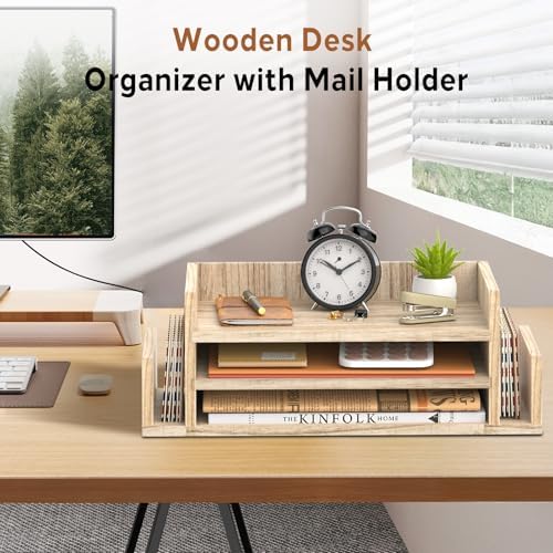 Wooden Desk Organizer, 3-Tier Paper Trays with 2 Mail Sorters, Natural Wood - Image 2