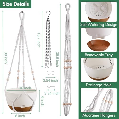Set of 2-10 Inch Hanging Planters for Indoor Plants with Self-Watering Includes Hanging Pots for Plants, Outdoor Hanging Plant Pot with Drainage, and 2 Types of Hanging Baskets Hangers (White, 10inch) - Image 4