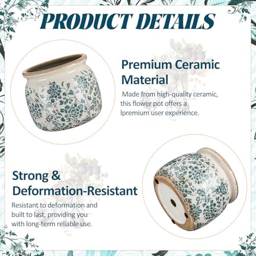 5.9'' Vintage Ceramic Planter, Ice Crack Glaze Teal Floral Pot - Image 3