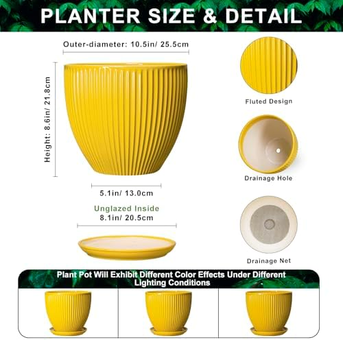Ceramic Planters for Indoor Plants, 10 Inch Plant Pot Indoor with Drainage Hole and Saucer, Modern Large Flower Pots for Indoor Plants, Round Planter, Home Garden Decor, Gardening Gifts, Yellow - Image 2