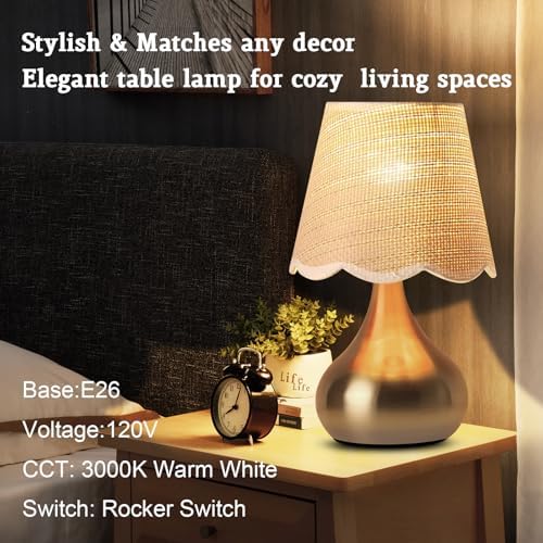 Small Table Lamp - Brass Gold Mini Table Lamps for Bedroom Vintage Decor Bedside Lamps for Night Stands Scalloped Rattan Shade Desk Lamp for Kids Room, Living Room, College Dorm, Home, Kitchen - Image 2