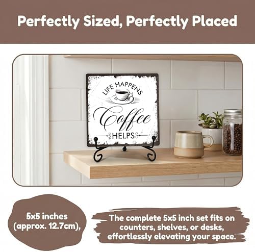 Coffee Bar Sign, Life Happens Coffee Helps Sign, Coffee and Tea Lover Gifts, 5x5 Wood Plaque with Iron Stand for Home Kitchen Cafe, Coffee Bar Decor – A08 - Image 5