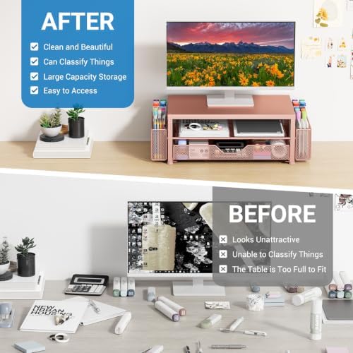 OPNICE Desk Organizers and Accessories, Computer Monitor Stand Riser with Drawer and 2 Pen Holders, Printer & Laptop Stand, Office Desk Accessories & Workspace Organizers for Home Office Supplies, Rose Gold - Image 2