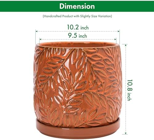 D'vine Dev Embossed Leaves Ceramic Planter, 10 in, Pumpkin, 27-A-P-J - Image 3